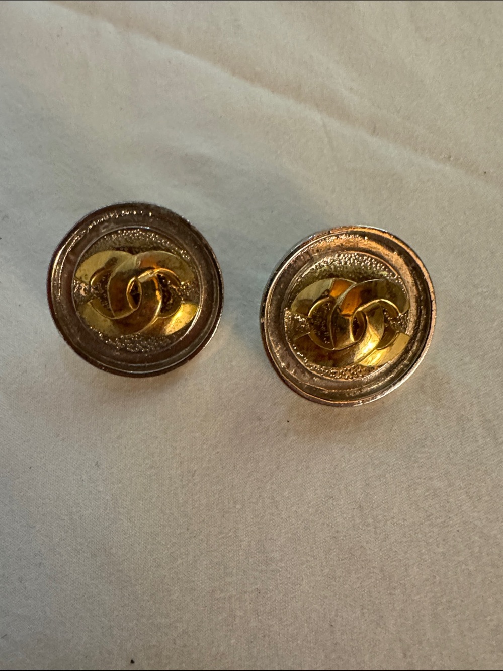 Button gold and silver tone post earrings interlocking cc design 1”